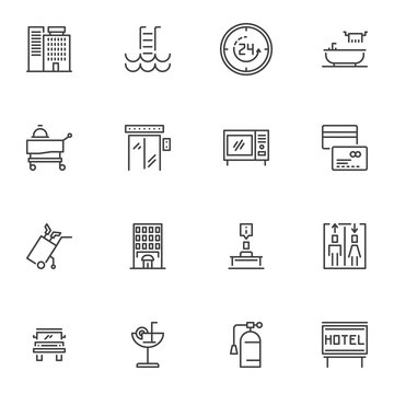 Hotel service line icons set, outline vector symbol collection, linear style pictogram pack. Signs logo illustration. Set includes icons as hotel building, reception, restaurant food, elevator, toilet