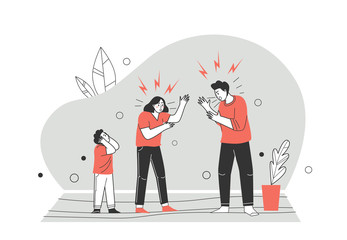 Domestic conflicts and disagreements on self-isolation, quarantine. Family angry. Finding out the relationship between a man and a woman, domestic violence. Vector illustration in flat cartoon style.