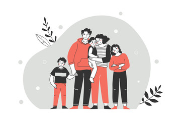 Happy large family portrait. Father, mother holding the youngest child, son and teenage daughter. Family together. Vector illustration in a flat style