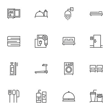 Hotel, motel line icons set, outline vector symbol collection, linear style pictogram pack. Signs, logo illustration. Set includes icons as fridge, shower, double bed, gym, restaurant food, towel