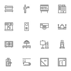 Hotel service line icons set, outline vector symbol collection, linear style pictogram pack. Signs, logo illustration. Set includes icons as hotel building, door hanger, air conditioner, safe box