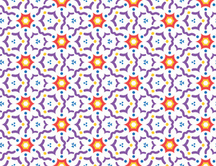 Seamless geometric pattern, texture or background vector in purple, red, yellow, blue colors, white background.