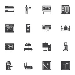 Hotel service vector icons set, modern solid symbol collection, filled style pictogram pack. Signs, logo illustration. Set includes icons as hotel building, door hanger, air conditioner, safe box