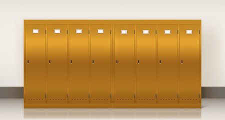 Gold lockers, vector school or gym changing room metal cabinets. Row of realistic 3d yellow storage furniture with keyholes and blank nameplates on closed golden doors in college, university, office