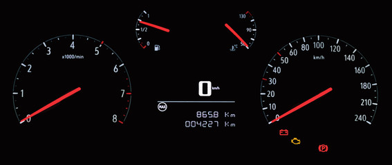 Illustration of car instrument panel with speedometer, tachometer, odometer, fuel gauge, water temperature gauge, check engine and battery warning icon. Analog instrument cluster with digital display.