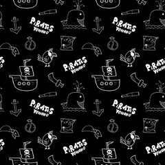 Pirate Doodles Seamless pattern. Cute pirate items sketch. Hand drawn Cartoon Vector illustration