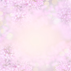 Beautiful blurred close-up pink mockup with flowering lilac tree flowers and golden bokeh for invitation or greeting card. Creative floral design frame. Copy space for text. Square photo.