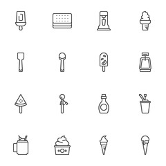 Ice cream menu line icons set, outline vector symbol collection, linear style pictogram pack. Signs, logo illustration. Set includes icons as waffle ice cream, fruit popsicle, syrup bottle, milkshake