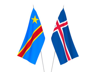 National fabric flags of Democratic Republic of the Congo and Iceland isolated on white background. 3d rendering illustration.