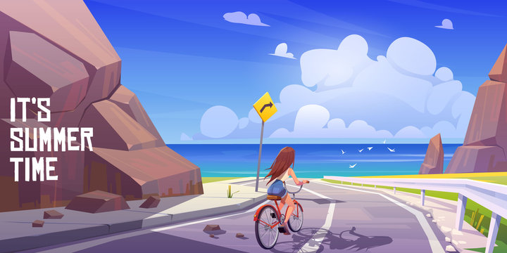 Woman rides on bike to sea beach. Summer landscape with road, rocks and ocean shore. Vector cartoon illustration of seascape, girl on bicycle and gulls in sky. Summer time banner
