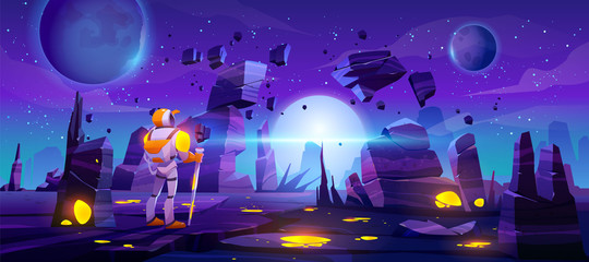 Astronaut on alien planet in far galaxy. Cosmonaut in suit and helmet explore outer space. Vector cartoon illustration of spaceman, cosmos and planet surface with rocks, cracks and glowing spots
