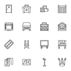 Music festival line icons set, outline vector symbol collection, linear style pictogram pack. Signs, logo illustration. Set includes icons as concert stage platform, billboard, ticket, stage lights