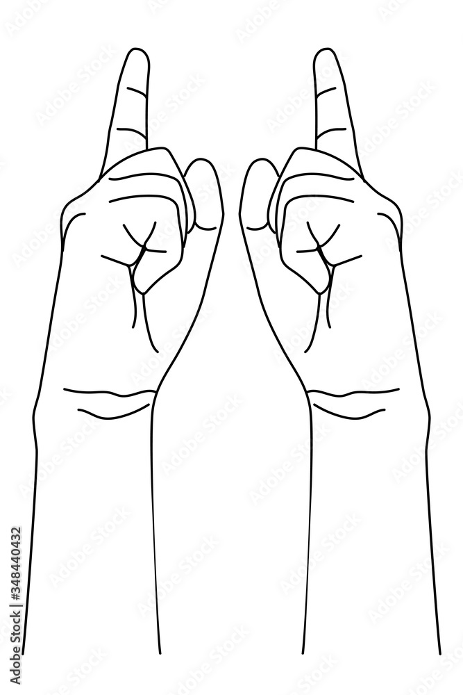 Wall mural left and right hands with gesture of finger pointing. vector illustration in outline style.