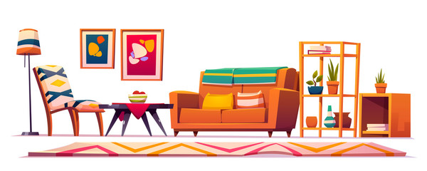 Naklejka premium Boho, bohemian living room interior, wooden furniture, couch, shelf with plants, rag with geometric pattern, abstract paintings on wall, coffee table, hipster style design. Cartoon vector illustration