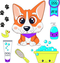 Cute cartoon dogs clipart. Welsh Corgi. Hand drawn. Grooming. Dog care element. Vector illustration