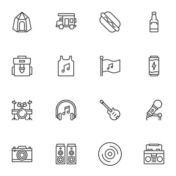 Music festival line icons set, outline vector symbol collection, linear style pictogram pack. Signs logo illustration. Set includes icons as guitar, drum set, microphone, photo camera, concert speaker
