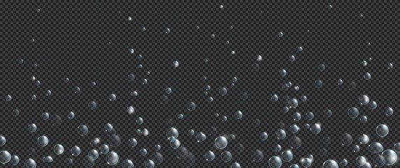 Air bubbles, effervescent water fizz border. Dynamic aqua motion, randomly moving underwater fizzing, soda drink frame design on transparent background, Realistic blue 3d vector illustration