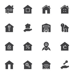 Real estate vector icons set, modern solid symbol collection, filled style pictogram pack. Signs, logo illustration. Set includes icons as rental house, mortgage percentage, smart house, car garage