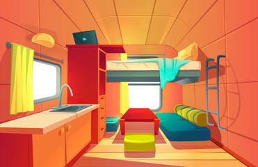 Camping trailer car interior with loft bed, couch, kitchen sink, desk with laptop, bookshelf and window. Rv motor home room inside view, cozy place for living and sleeping, Cartoon vector illustration