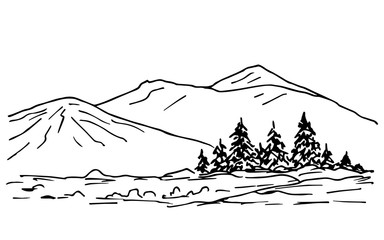 Hand drawn ink vector sketch. A simple landscape of coniferous trees on a hill, the contour of the mountains on the horizon. Nature, forest, travel, tourism. For cards, stickers, prints, coloring.