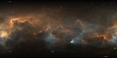360 degree interstellar cloud of dust and gas. Space background with nebula and stars. Glowing nebula. Panorama, environment 360° HDRI map. Equirectangular projection, spherical panorama