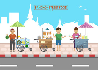 Bangkok Street Food in Thailand Filled with food such as summer fruits,dessert,Grilled squid Delicious and easy to eat.