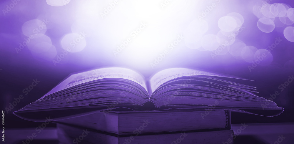 Poster book in library with old open textbook, stack piles of literature text archive on reading desk, and 