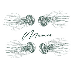 Single hand drawn element of a jellyfish. Doodle hand-draw illustrations in vector. Design for background, packaging, weddings, fabrics, textiles, wallpaper, website, postcards.