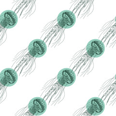 Seamless pattern of a jellyfish. Aqua mint color. Doodle hand-draw illustrations in vector. Design for background, packaging, weddings, fabrics, textiles, wallpaper, website, postcards.