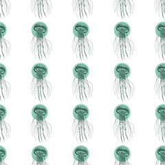 Seamless pattern of a jellyfish. Aqua mint color. Doodle hand-draw illustrations in vector. Design for background, packaging, weddings, fabrics, textiles, wallpaper, website, postcards.