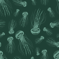 Seamless pattern of a jellyfish. Aqua mint color. Doodle hand-draw illustrations in vector. Design for background, packaging, weddings, fabrics, textiles, wallpaper, website, postcards.