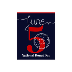 Calendar sheet, vector illustration on the theme of National Donut Day. June 5. Decorated with a handwritten inscription – JUNE and stylized linear donut.