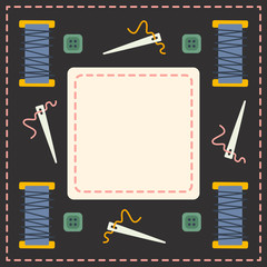 Tailoring note book design vector. Sewing accessories. Threads, needles, buttons elements. Place for text. For social networks, card, post, banner, sale, coupons.