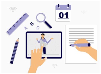 Flat illustration of video tutorial about online education