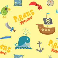 Pirate Doodles Seamless pattern. Cute pirate items sketch. Hand drawn Cartoon Vector illustration