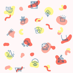 Seamless pattern with magic circus and icon on white background. Included the icons as trick, fairy, card, hat, wizard, rabbit, crystal ball, conjuring And Other Elements.