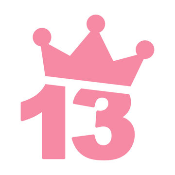 Vector illustration of 13th birthday pink icon - Number thirteen with a crown