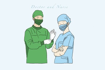 Illustration of Doctor and Nurse fighting against Coronavirus / COVID-19 pandemic / outbreak on the front line. New normal concept.