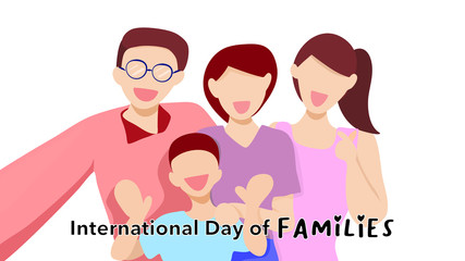 Happy family with parents, teenage daughter and young son. Family selfie. International day of families concept. 15 May 2020.Vector illustration. Flat design