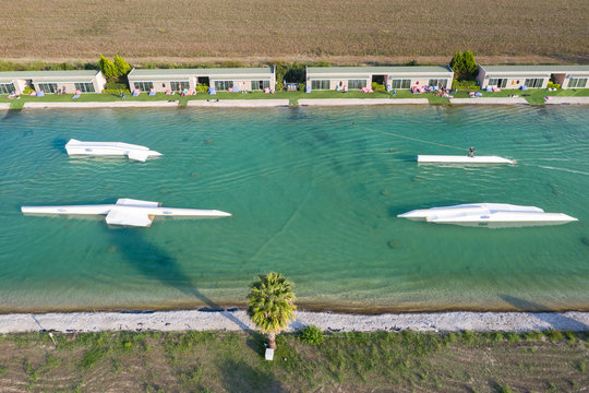 Aerial drone view Hip-notics cable park wake park in Antalya Turkey. Wakeboarding in Turkey.