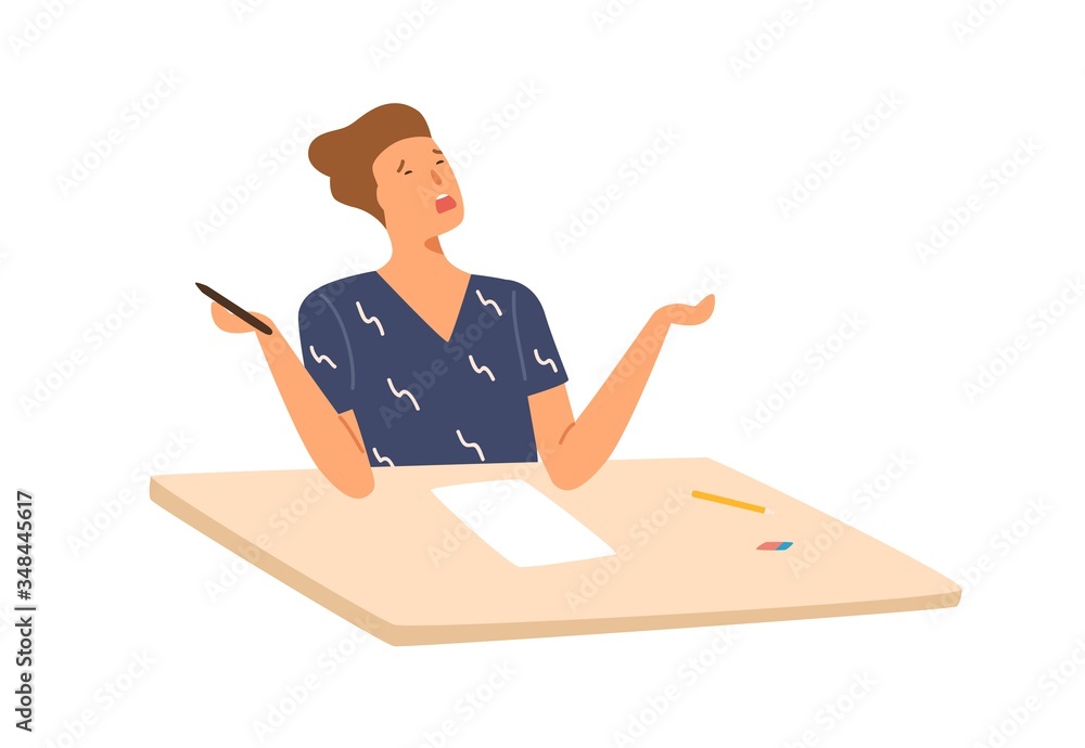 Poster stressed student boy writing exam test don't know answers vector flat illustration. male pupil sitti