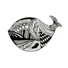 hand-drawn and pencil black and white fish filled with various patterns in the style of zentangle on a white background.