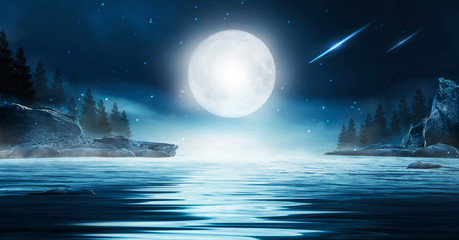 Night futuristic seascape. Reflection of the moon on sea water. Large stones, rocks on the shore, trees. Rays of meteorites, neon blue light. Night landscape, islands.