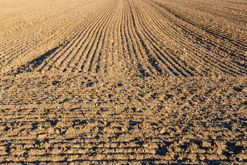 Furrows row pattern in a plowed field prepared for planting crops in spring