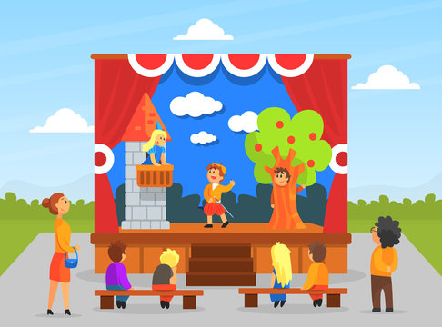 Children Theatre Performance, Kids Actors Performing on Stage with Red Curtains and Fairy Tale Castle Scenery Vector Illustration