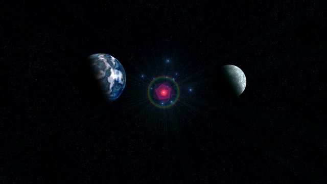 Stars and Planets from the Abyss of Space. In the depths of space shines a bright star in a red halo. Blue stars and two planets fly out of the abyss. On the dark sky bright stars.
