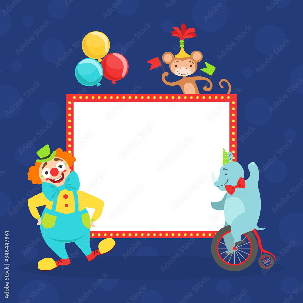 Poster Funny Cheerful Clown and Animals and White Empty Banner, Cute Circus Performers with Blank Sign Board Vector Illustration