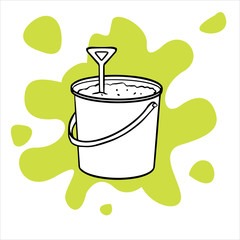  Simple flat illustration of a bucket with sand and a shovel. Doodle sketch illustration 