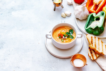 Fresh gazpacho, tomato soup, cold summer food