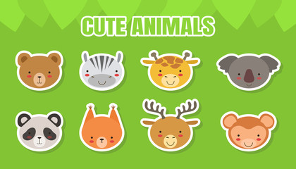 Fototapeta premium Cute Baby Animals Stickers Collection, Head of Bear, Zebra, Giraffe, Koala, Panda, Fox, Deer, Monkey Vector Illustration